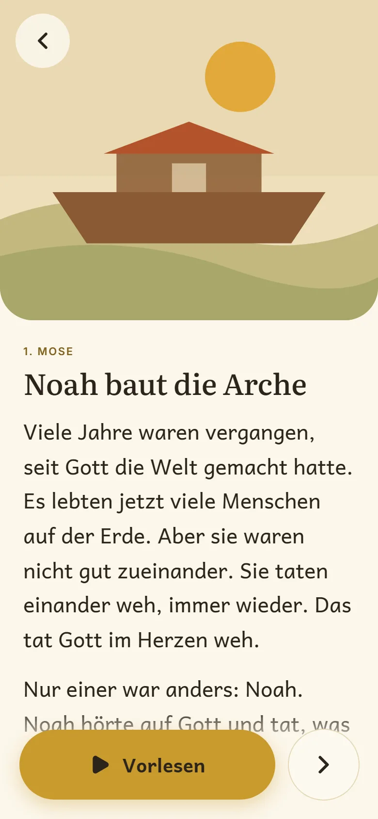 Eine Geschichte in der App: oben ein großes Bild, darunter der Titel „Noah baut die Arche“ und der Text in großer Schrift