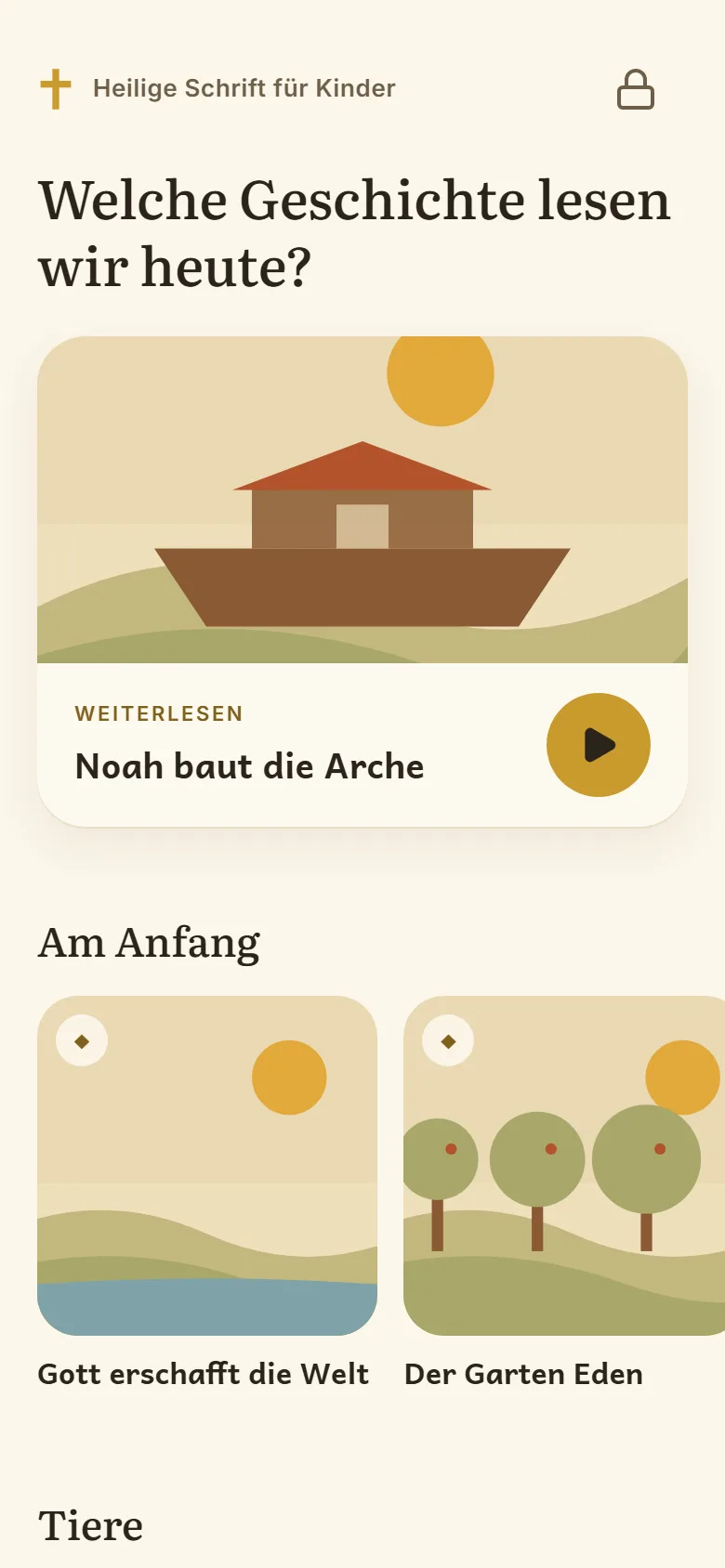 Das Bücherregal der App: oben „Weiterlesen: Noah baut die Arche“, darunter Reihen nach Themen wie „Am Anfang“ mit großen Bildkacheln